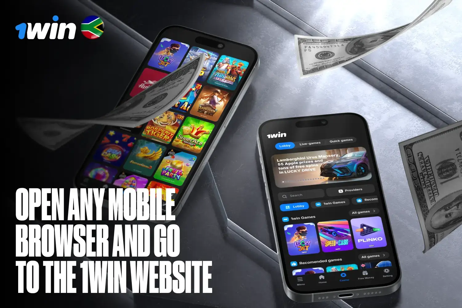 Step 1 showing the 1win mobile homepage in a browser