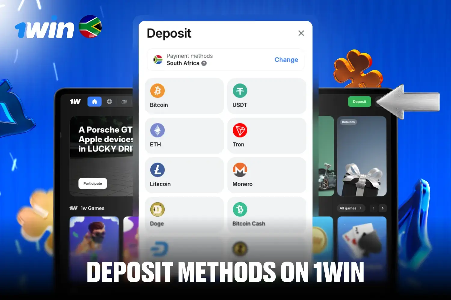 Visual representation of digital wallet and cryptocurrency deposit methods supported by 1win